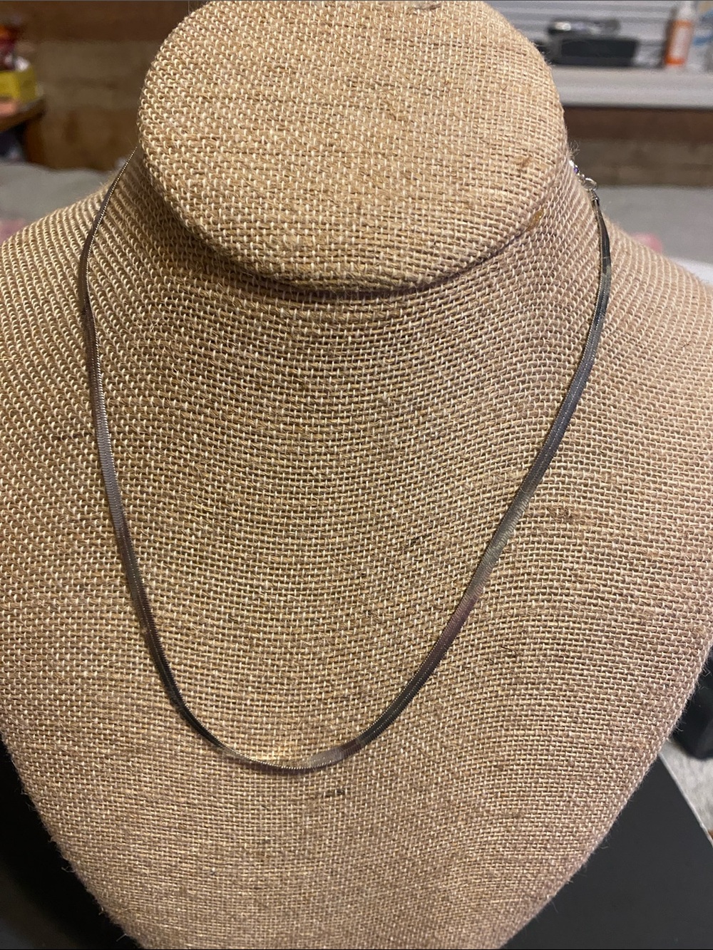 Simple Thin Herringbone Chain Necklace - Silver Tone